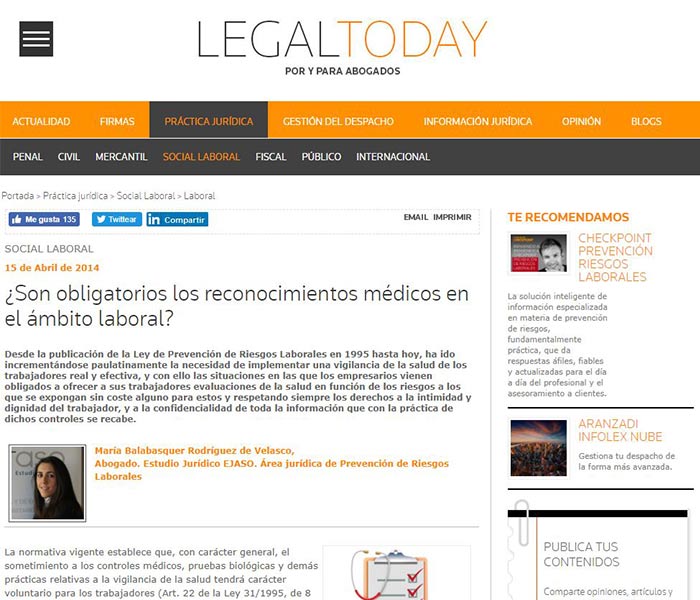 ¿Son obligatorios los reconocimientos médicos en el ámbito laboral? Legaltoday, abril 2014
