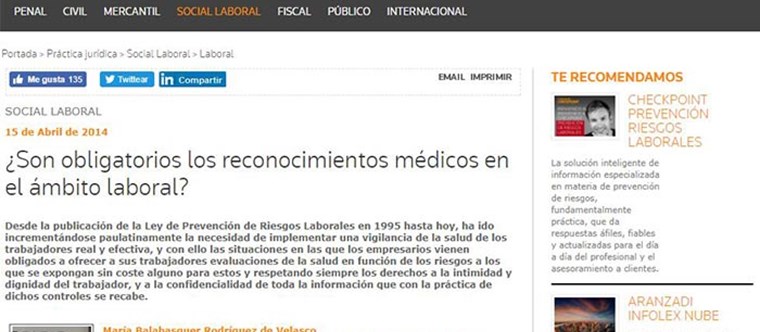 ¿Son obligatorios los reconocimientos médicos en el ámbito laboral? Legaltoday, abril 2014