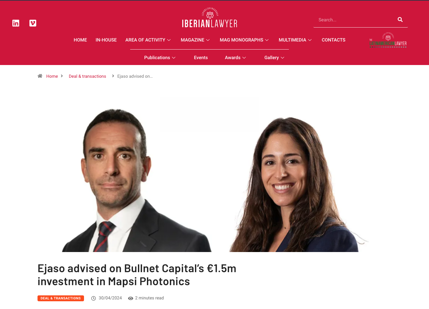 EJASO lidera el asesoramiento integral en la inversión de 1.500.000 € de Bullnet Capital en Mapsi Photonics, S.L.