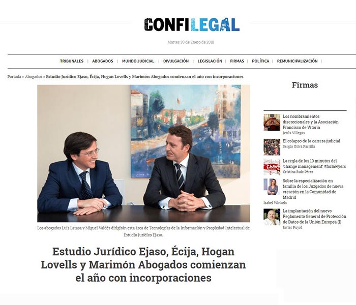 Estudio Jurídico Ejaso, Écija, Hogan Lovells y Marimón Abogados comienzan el año con incorporaciones. Confilegal, enero 2017