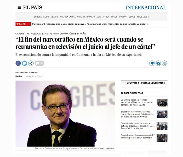 Entrevista a Carlos Castresana sobre el fin de la Violencia en Méjico. El País, noviembre 2017