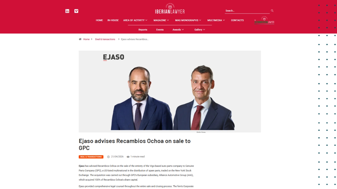 EJASO asesora a RECAMBIOS OCHOA en la venta de la compañía a Genuine Parts Company (GPC)