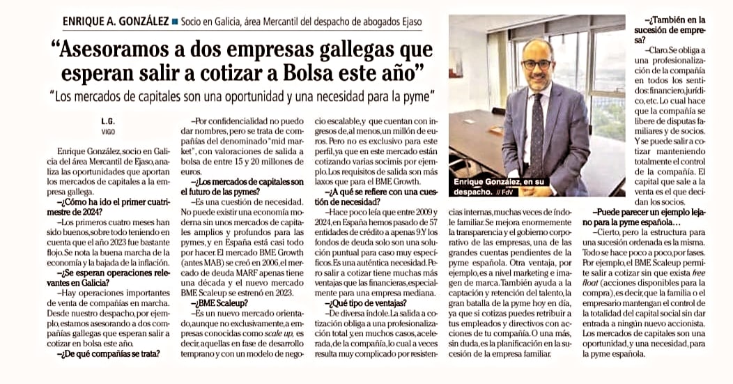 Entrevista a Enrique A. González, socio en Galicia: “Asesoramos a dos  empresas gallegas que esperan salir a cotizar a Bolsa este año”