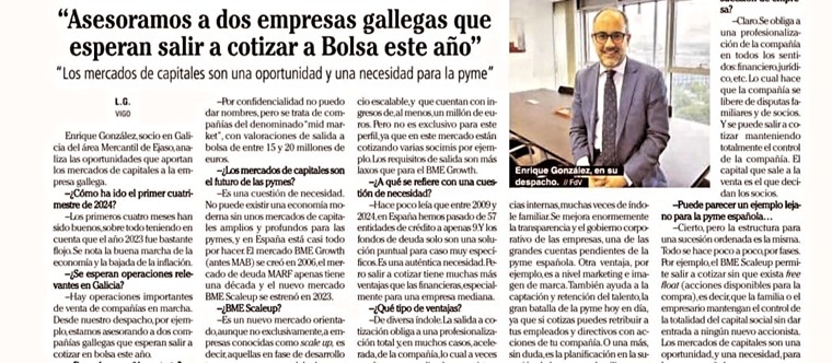 Entrevista a Enrique A. González, socio en Galicia: “Asesoramos a dos  empresas gallegas que esperan salir a cotizar a Bolsa este año”