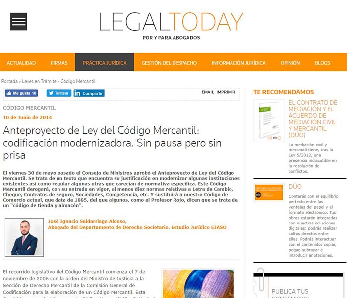 Anteproyecto de Ley del Código Mercantil: codificación modernizadora. Sin pausa pero sin prisa. Legaltoday, junio 2014