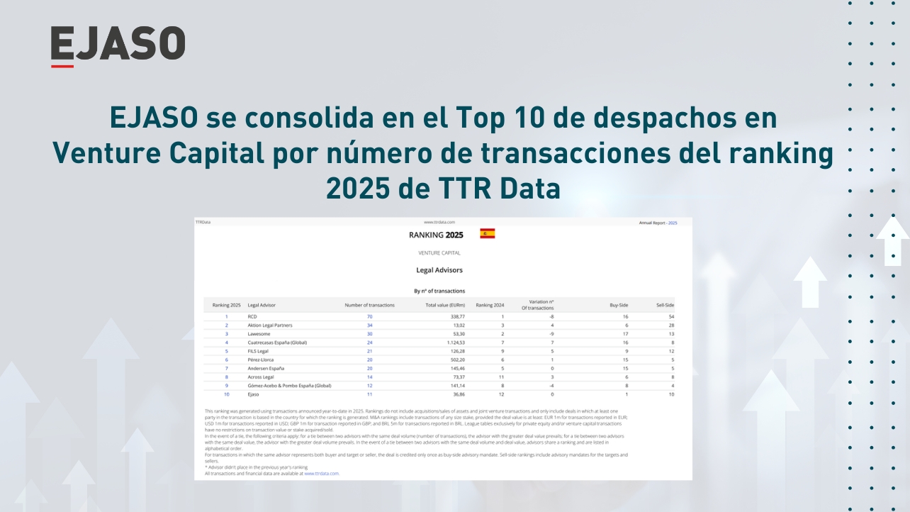 EJASO se consolida en el Top 10 de despachos en Venture Capital por número de transacciones en el ranking 2025