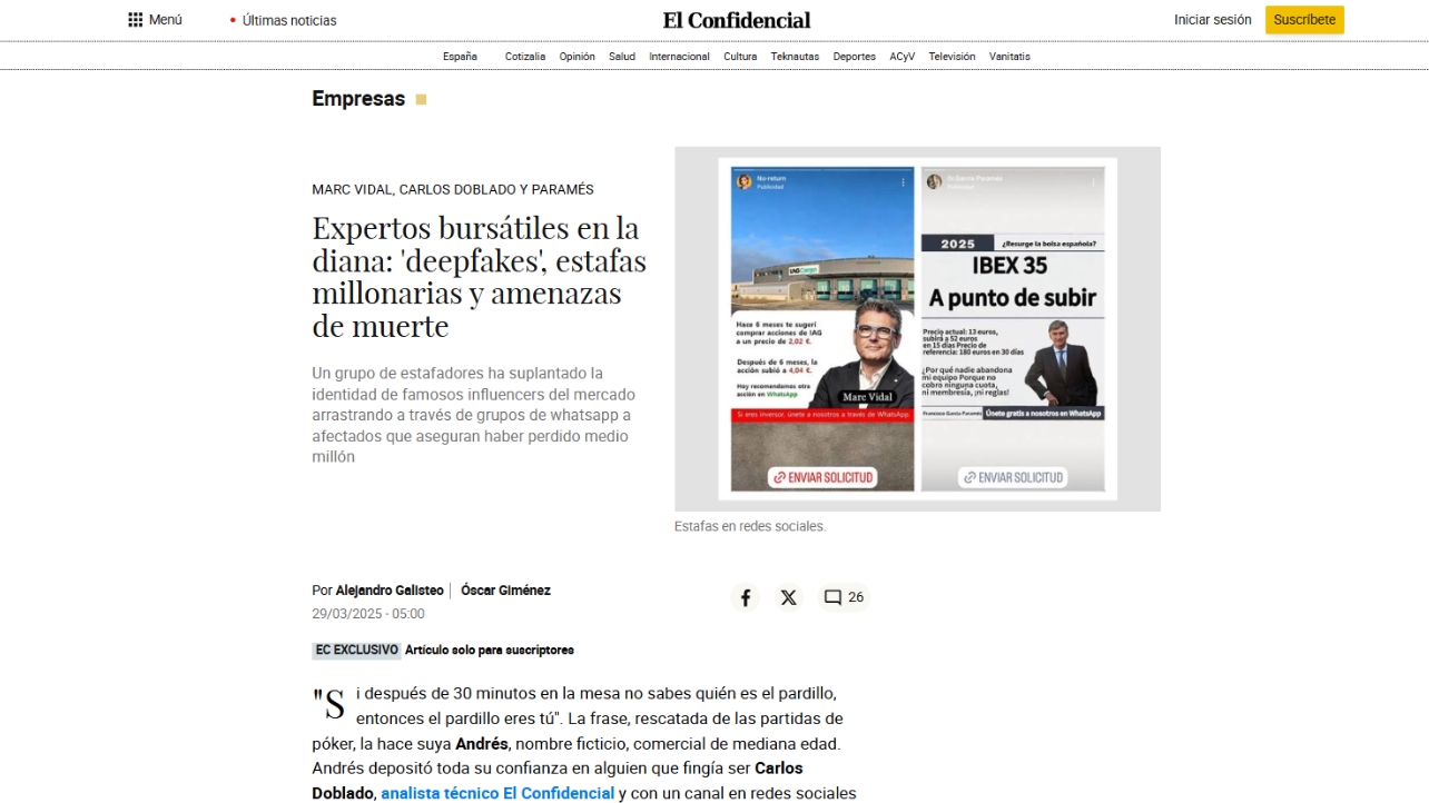 Expertos bursátiles en la diana: 'deepfakes', estafas millonarias y amenazas de muerte - El Confidencial