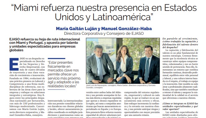 EJASO refuerza su hoja de ruta internacional con Miami y Portugal, y apuesta por talento y unidades especializadas para empresas globales