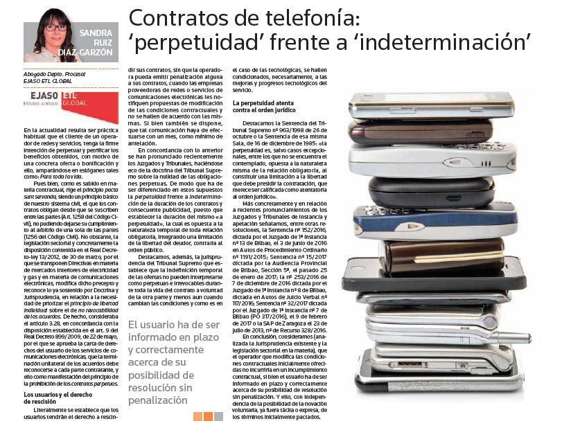 Contratos de telefonía: 'perpetuidad' frente a 'indeterminación', mayo 2017