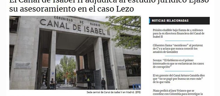 El Canal de Isabel II adjudica al estudio jurídico Ejaso su asesoramiento en el caso Lezo. OK Diario, septiembre 2017