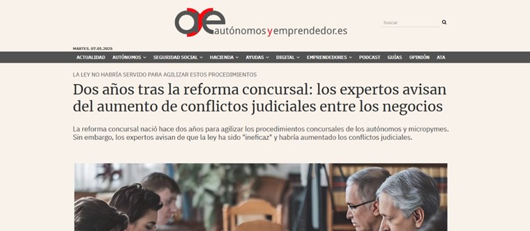 Autónomos y Emprendedores destaca la opinión de José Vicente Roldán sobre la reforma concursal