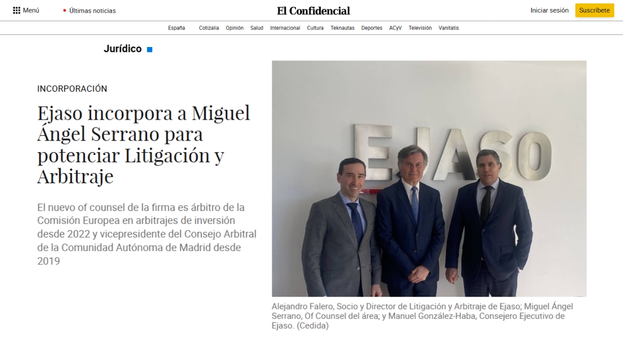 EJASO refuerza su área de Litigación y Arbitraje con la incorporación de Miguel Ángel Serrano como of counsel