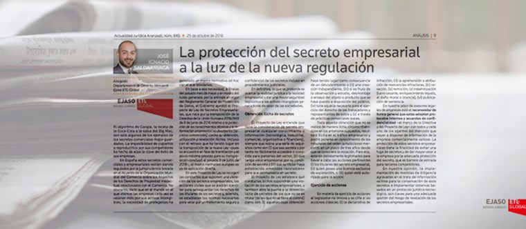 Nuestro compañero José Ignacio Saldarriaga Alonso en Actualidad Jurídica Aranzadi: “La protección del secreto empresarial a la luz de la nueva regulación”
