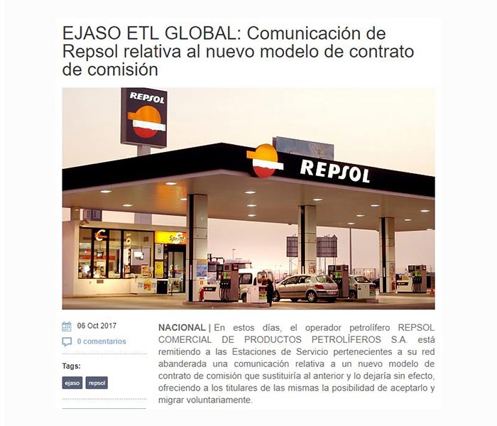 Comunicación de Repsol relativa al nuevo modelo de contrato de comisión. Mundopetróleo, octubre 2017