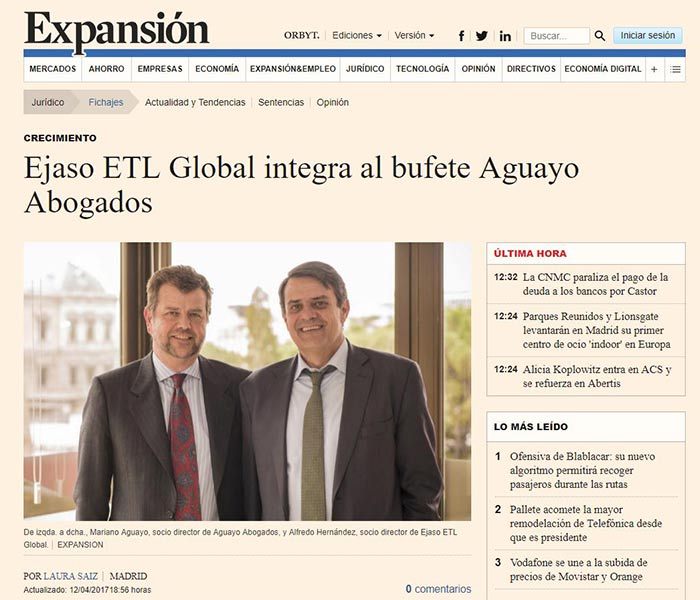 EJASO integra a Aguayo abogados. Expansión, abril 2017
