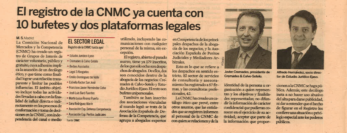Ejaso, presente en el Registro de Grupos de Interés de la CNMC.