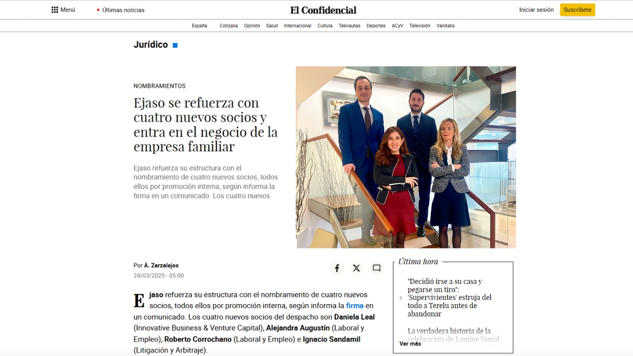 EJASO refuerza su plan de crecimiento con la promoción de cuatro nuevos socios y la apertura de una nueva línea de negocio especializada en la Empresa Familiar