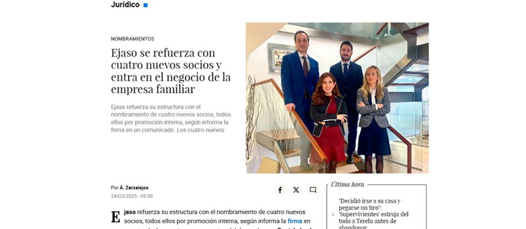 EJASO refuerza su plan de crecimiento con la promoción de cuatro nuevos socios y la apertura de una nueva línea de negocio especializada en la Empresa Familiar