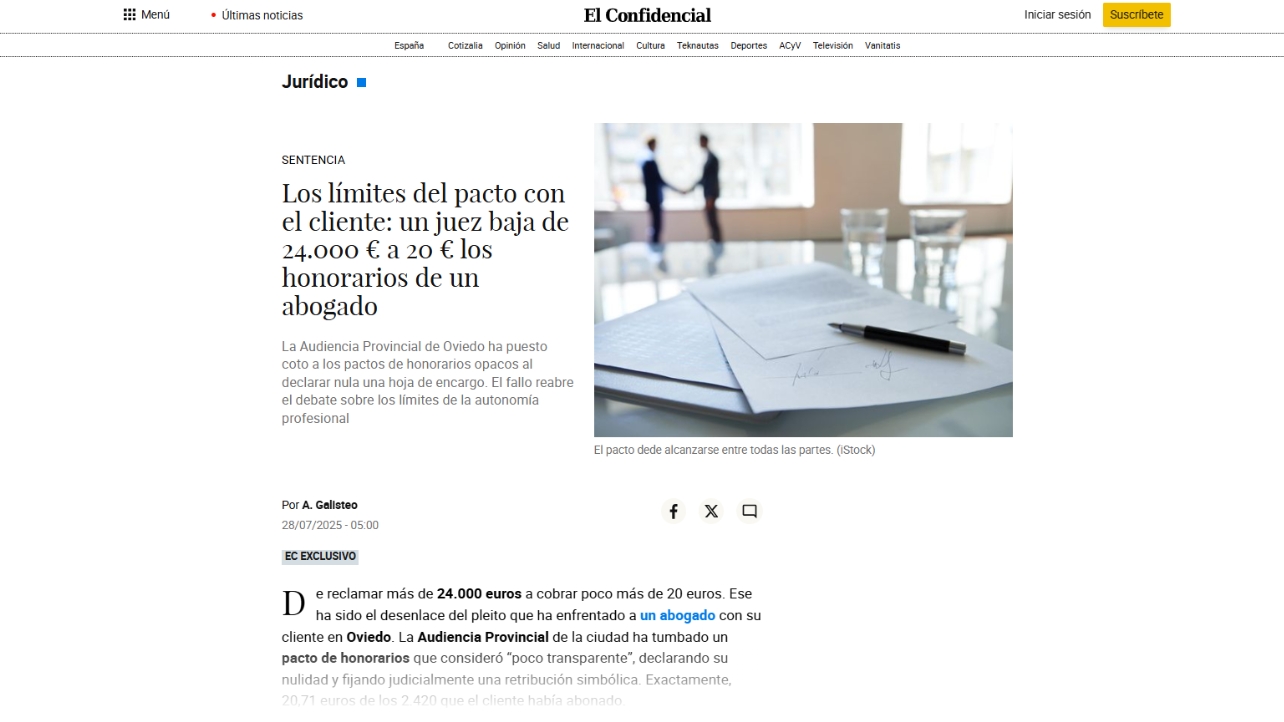 Los límites del pacto con el cliente: un juez baja de 24.000 € a 20 € los honorarios de un abogado - El Confidencial