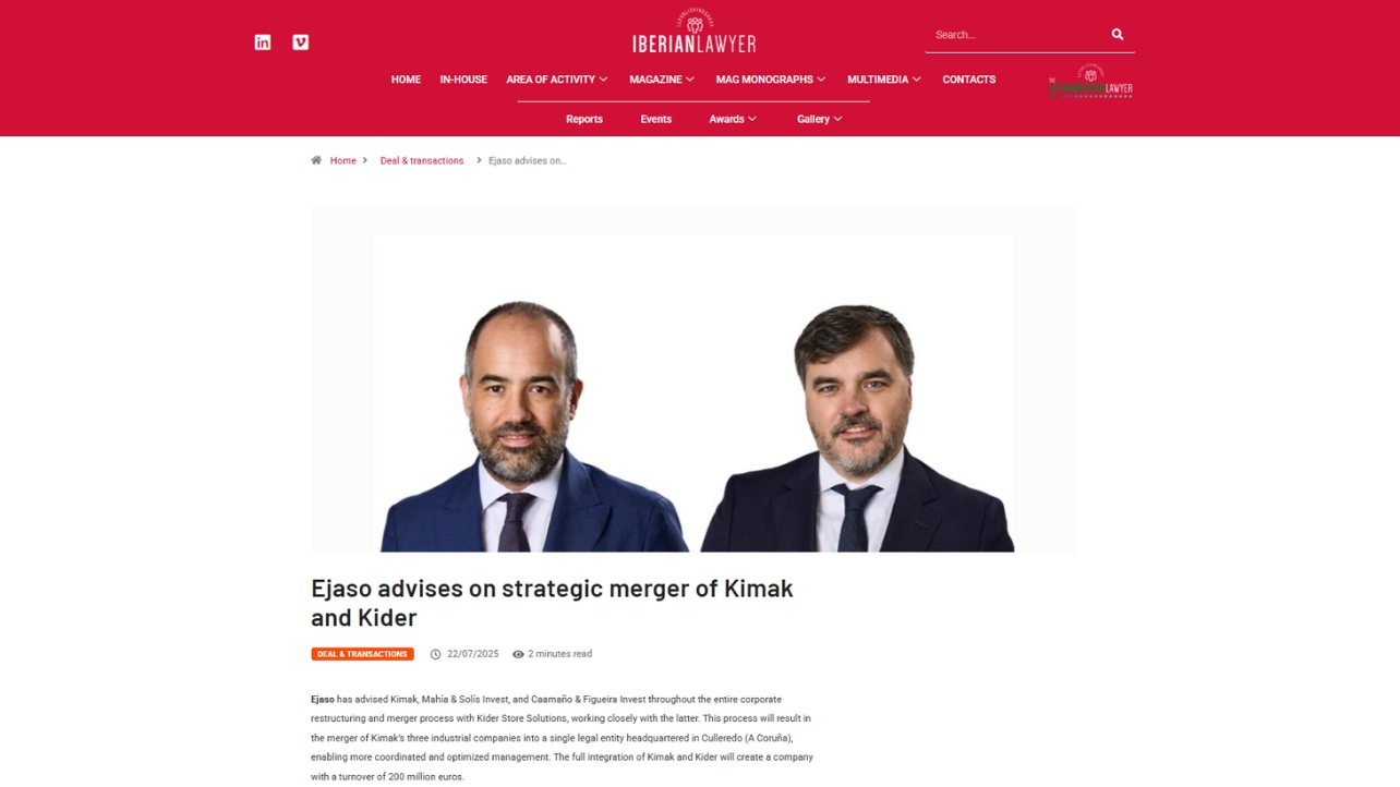 EJASO asesora a KIMAK, Mahía & Solís Invest y a Caamaño & Figueira Invest en la reestructuración y fusión de KIMAK con KIDER STORE SOLUTIONS