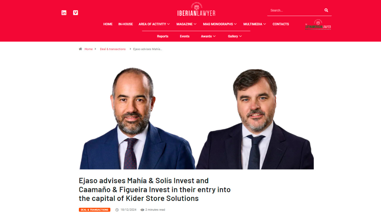 EJASO asesora a Mahía & Solís Invest y a Caamaño & Figueira Invest en su entrada en el capital de KIDER STORE SOLUTIONS