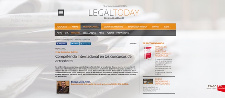 Nuestro compañero Enrique Llopis en Legal Today habla sobre “Competencia internacional en los concursos de acreedores”
