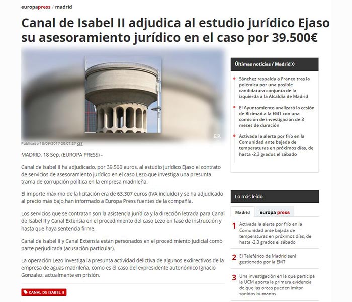 Canal de Isabel II adjudica al EJASO su asesoramiento jurídico en el caso Lezo. Europa press, septiembre 2017