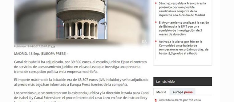 Canal de Isabel II adjudica al EJASO ETL GLOBAL  su asesoramiento jurídico en el caso Lezo. Europa press, septiembre 2017