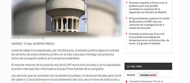 Canal de Isabel II adjudica al EJASO su asesoramiento jurídico en el caso Lezo. Europa press, septiembre 2017