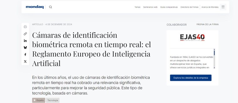 Publicación en Mondaq: Cámaras de identificación biométrica remota en tiempo real: el Reglamento Europeo de Inteligencia Artificial
