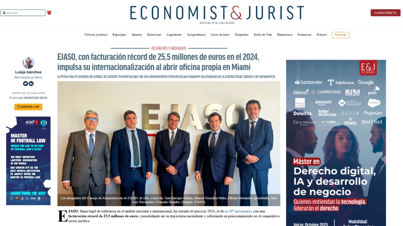 EJASO, con facturación récord de 25,5 millones de euros en el 2024, impulsa su internacionalización al abrir oficina propia en Miami