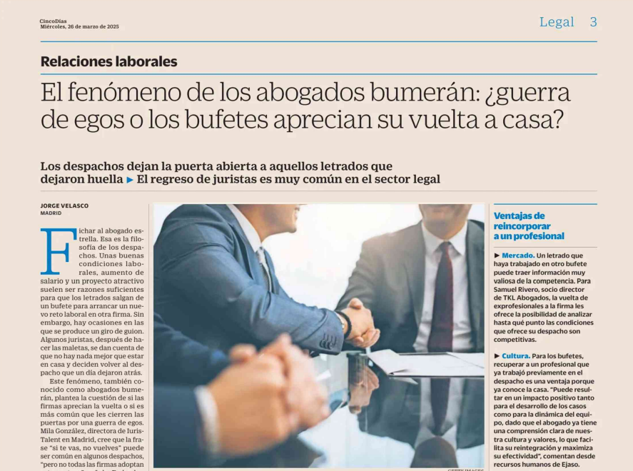 Cinco Días analiza el fenómeno de los abogados bumerán y destaca el caso de nuestro compañero César Zárate