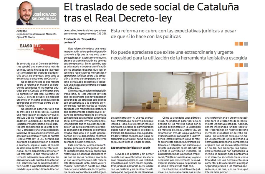 El traslado de sede social de Cataluña tras el Real Decreto-ley, noviembre 2017