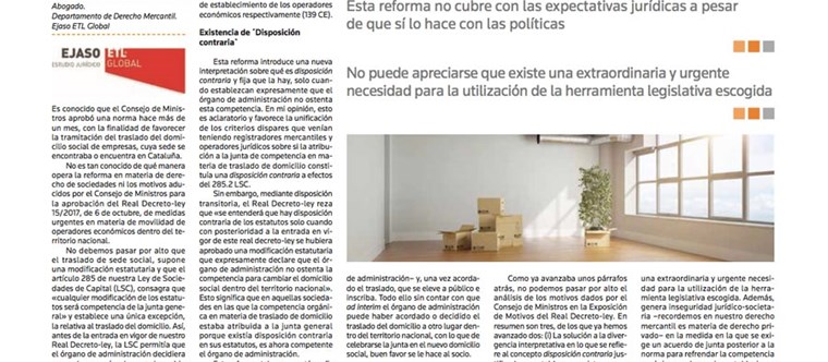 El traslado de sede social de Cataluña tras el Real Decreto-ley, noviembre 2017