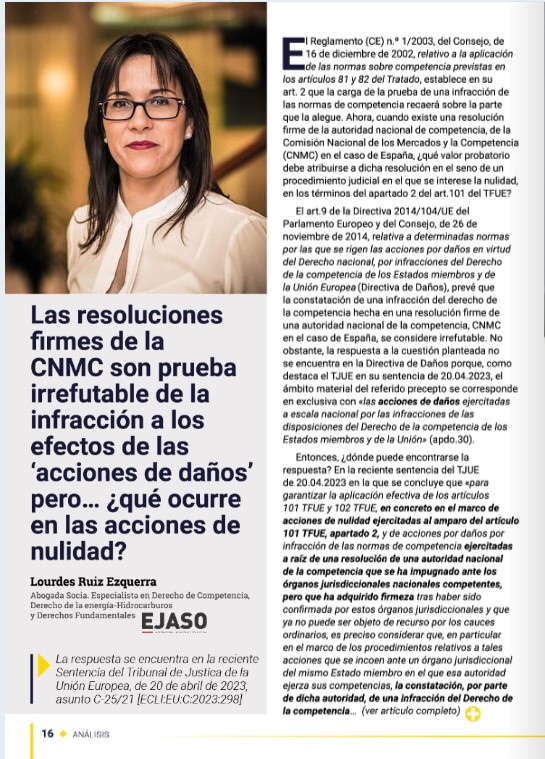 Análisis de las implicaciones de las resoluciones firmes de la CNMC en acciones de daños y nulidad: según la reciente Sentencia del TJUE | AJA