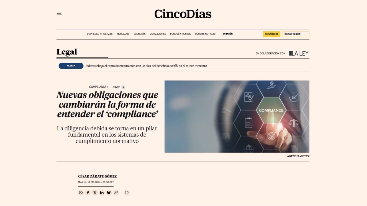 Cinco Días se hace eco de nuestro artículo sobre las nuevas obligaciones que cambiarán la forma de entender el ‘compliance’