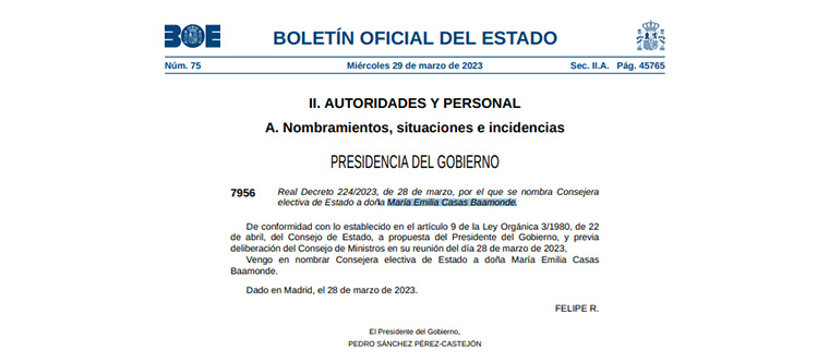 Nombran a María Emilia Casas Baamonde Consejera electiva de Estado
