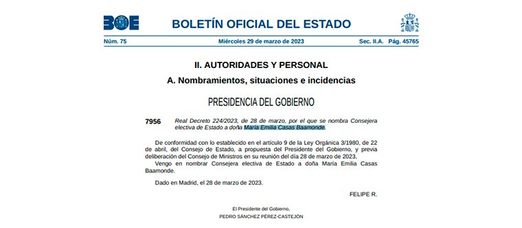 Nombran a María Emilia Casas Baamonde Consejera electiva de Estado